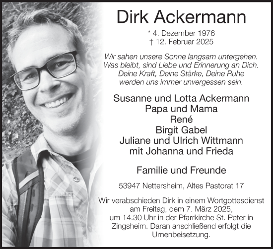 Traueranzeige von Dirk Ackermann von Volksstimme Altmark Ost