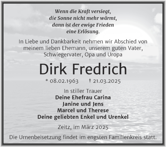 Traueranzeige von Dirk Fredrich von Trauerkombi Zeitz