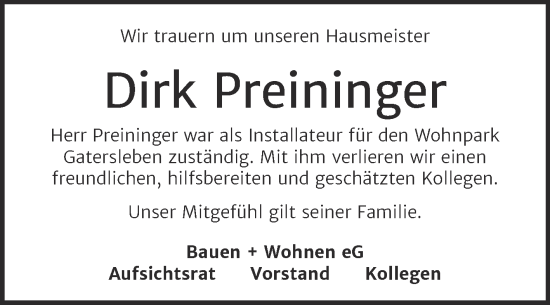 Traueranzeige von Dirk Preininger von Mitteldeutsche Zeitung Aschersleben