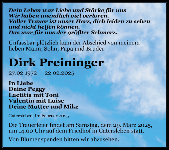 Traueranzeige von Dirk Preininger von Trauerkombi Aschersleben