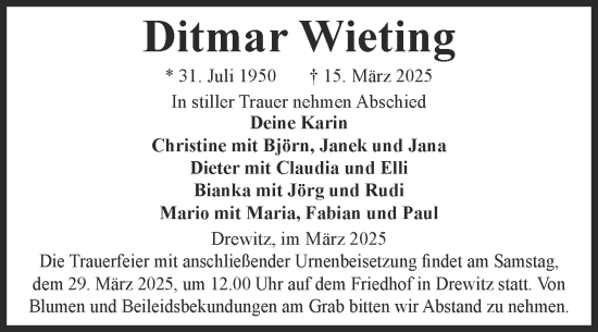 Traueranzeige von Ditmar Wieting von Volksstimme Burg/Genthin