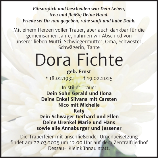 Traueranzeige von Dora Fichte von Trauerkombi Dessau
