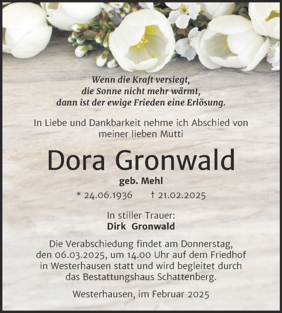 Traueranzeige von Dora Gronwald von Trauerkombi Quedlinburg