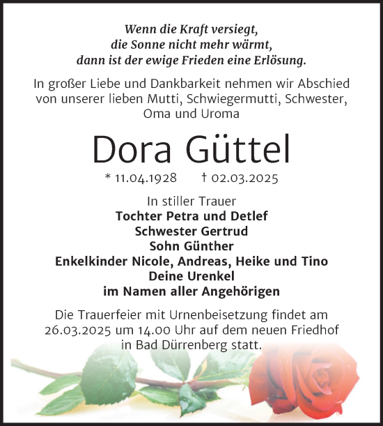 Traueranzeige von Dora Güttel von Trauerkombi Merseburg