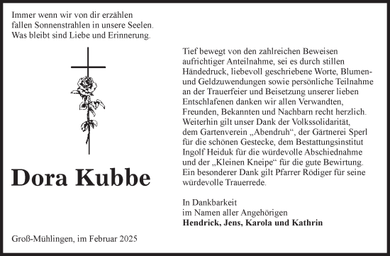 Traueranzeige von Dora Kubbe von Volksstimme Schönebeck