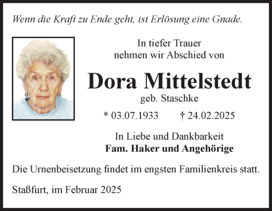 Traueranzeige von Dora Mittelstedt von Volksstimme Staßfurt