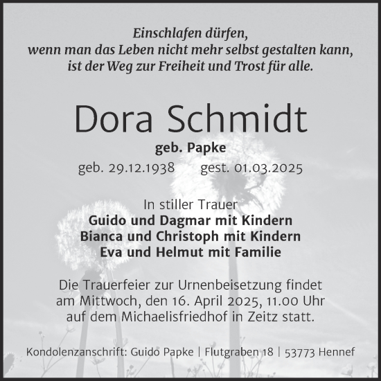 Traueranzeige von Dora Schmidt von Trauerkombi Zeitz