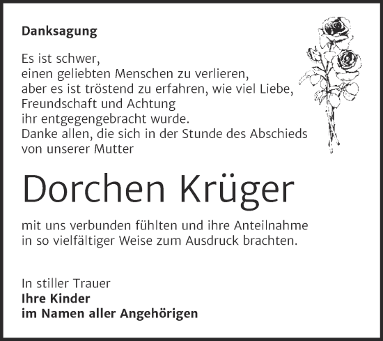 Traueranzeige von Dorchen Krüger von Trauerkombi Bernburg