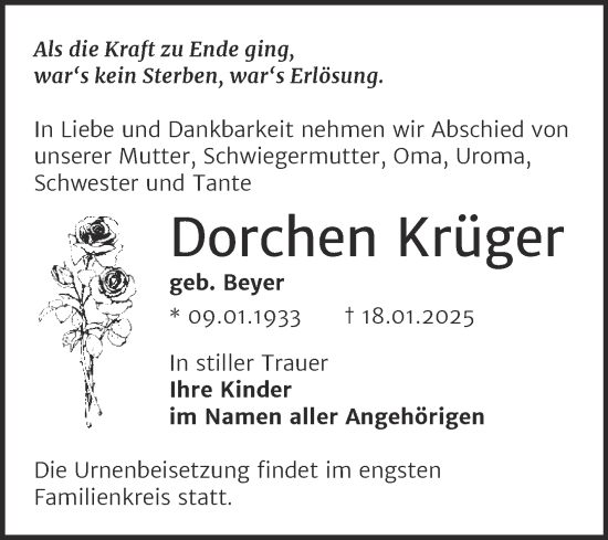 Traueranzeige von Dorchen Krüger von Trauerkombi Bernburg
