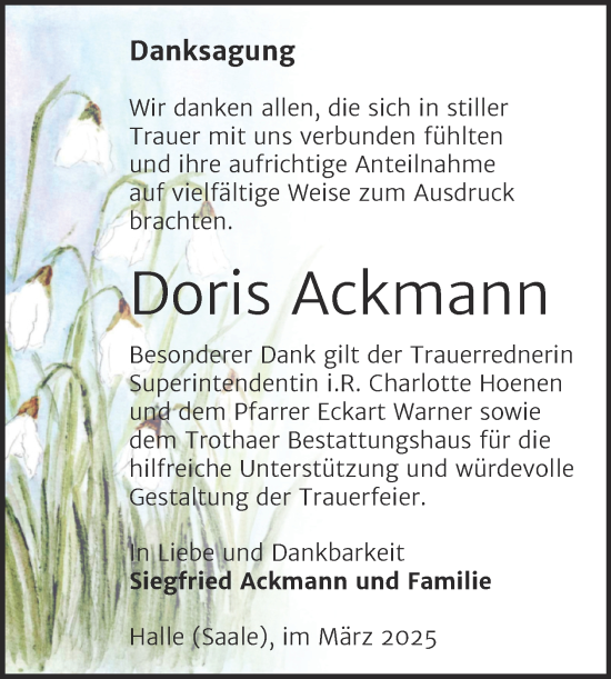Traueranzeige von Doris Ackmann von Mitteldeutsche Zeitung Halle/Saalkreis