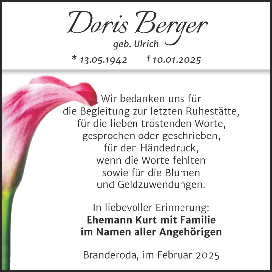 Traueranzeige von Doris Berger von Trauerkombi Merseburg