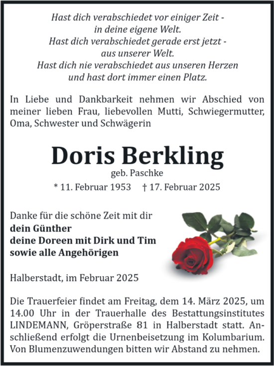 Traueranzeige von Doris Berkling von Volksstimme Halberstadt