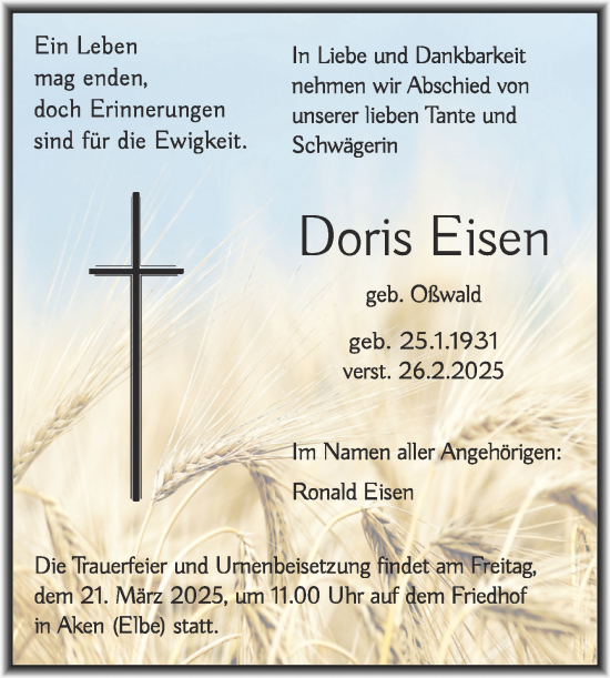 Traueranzeige von Doris Eisen von Trauerkombi Köthen