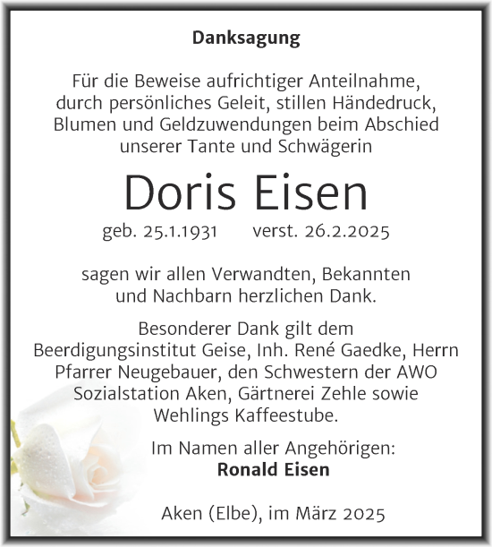 Traueranzeige von Doris Eisen von Trauerkombi Köthen