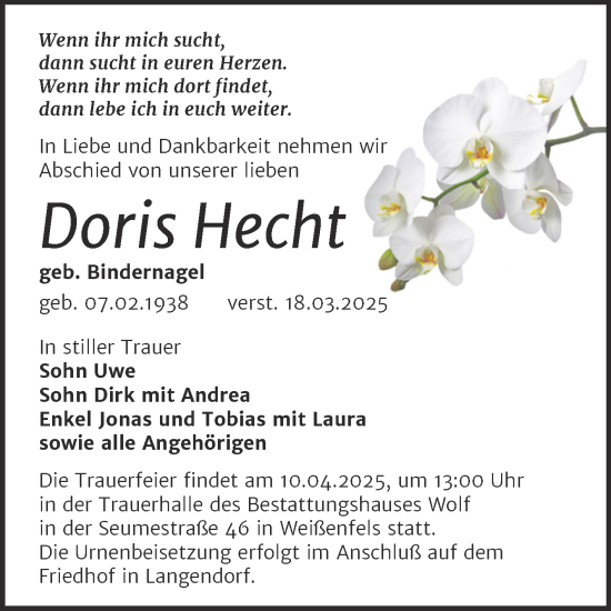 Traueranzeige von Doris Hecht von Trauerkombi Weißenfels