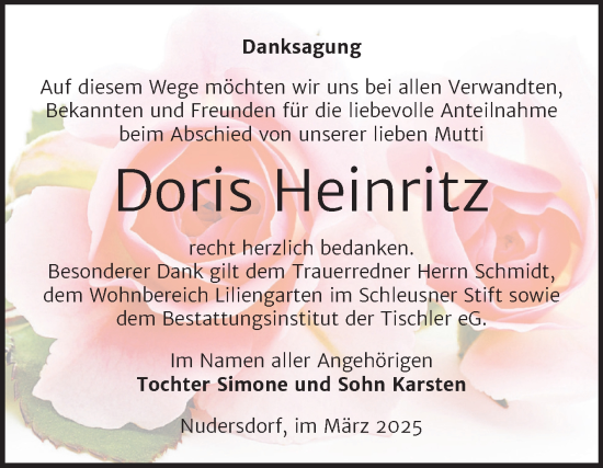 Traueranzeige von Doris Heinritz von Trauerkombi Wittenberg