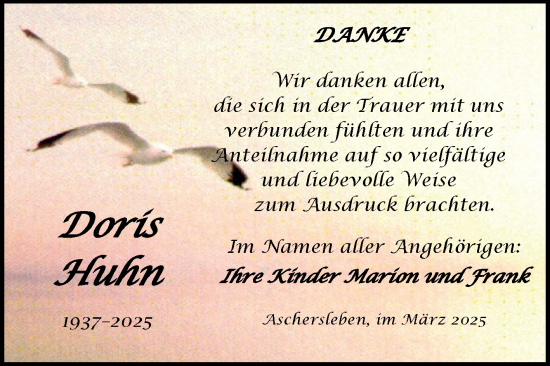 Traueranzeige von Doris Huhn von Trauerkombi Aschersleben