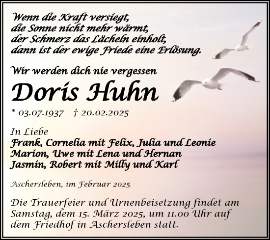 Traueranzeige von Doris Huhn von Trauerkombi Aschersleben