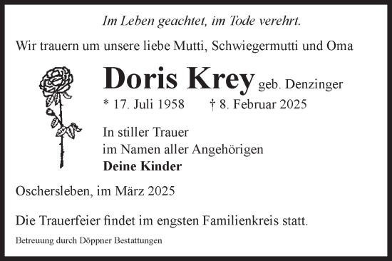 Traueranzeige von Doris Krey von Volksstimme Oschersleben/Wanzleben