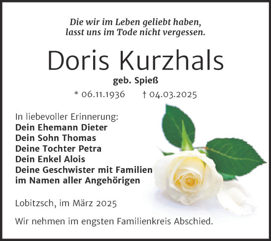 Traueranzeige von Doris Kurzhals von Trauerkombi Weißenfels