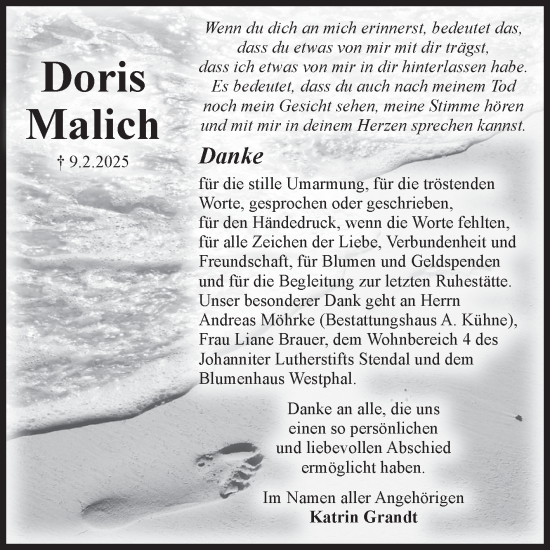 Traueranzeige von Doris Malich von Volksstimme Altmark Ost