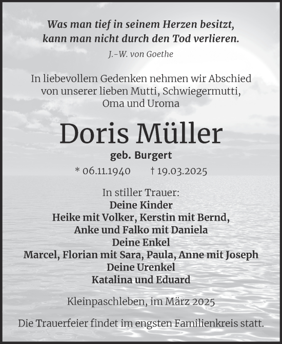 Traueranzeige von Doris Müller von Trauerkombi Köthen