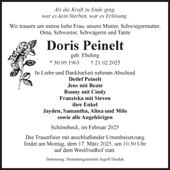 Traueranzeige von Doris Peinelt von Volksstimme Schönebeck