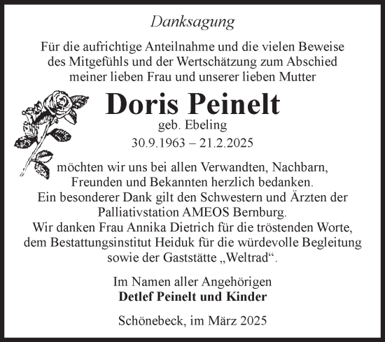 Traueranzeige von Doris Peinelt von Volksstimme Schönebeck