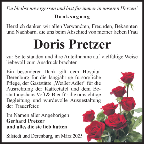 Traueranzeige von Doris Pretzer von Volksstimme Wernigerode