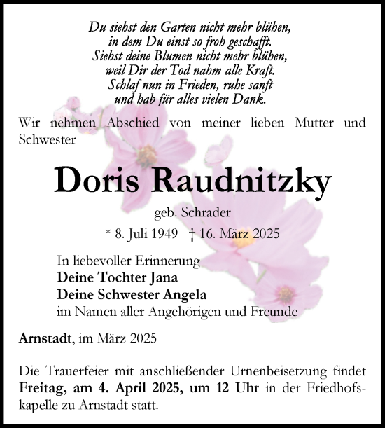 Traueranzeige von Doris Raudnitzky von Mitteldeutsche Zeitung Mansfelder Land