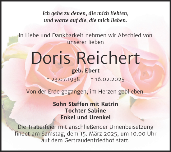 Traueranzeige von Doris Reichert von Mitteldeutsche Zeitung Halle/Saalkreis