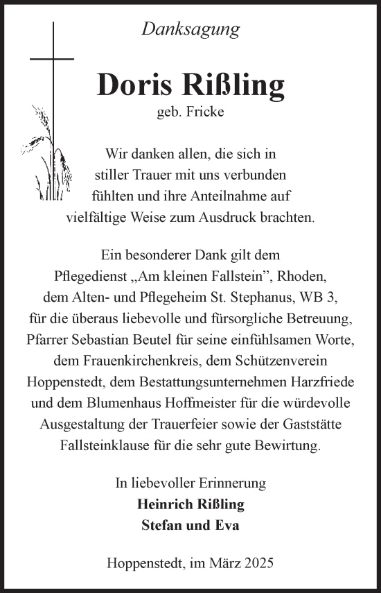 Traueranzeige von Doris Rißling von Volksstimme Halberstadt
