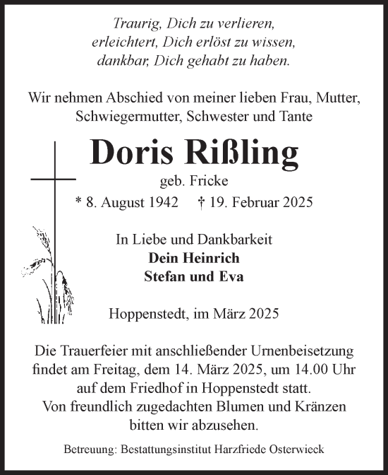 Traueranzeige von Doris Rißling von Volksstimme Halberstadt