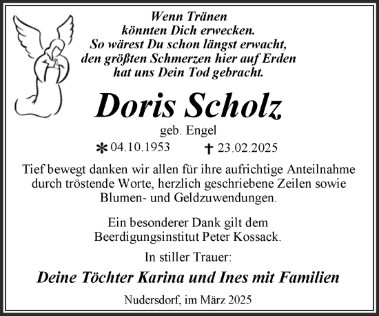 Traueranzeige von Doris Scholz von Trauerkombi Wittenberg