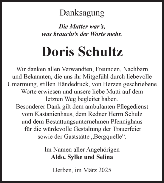 Traueranzeige von Doris Schultz von Volksstimme Burg/Genthin