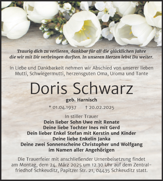 Traueranzeige von Doris Schwarz von Super Sonntag Mansfelder Land