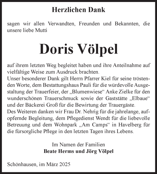 Traueranzeige von Doris Völpel von Volksstimme Altmark Ost