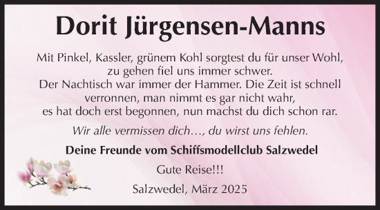 Traueranzeige von Dorit Jürgensen-Manns von Volksstimme Altmark West
