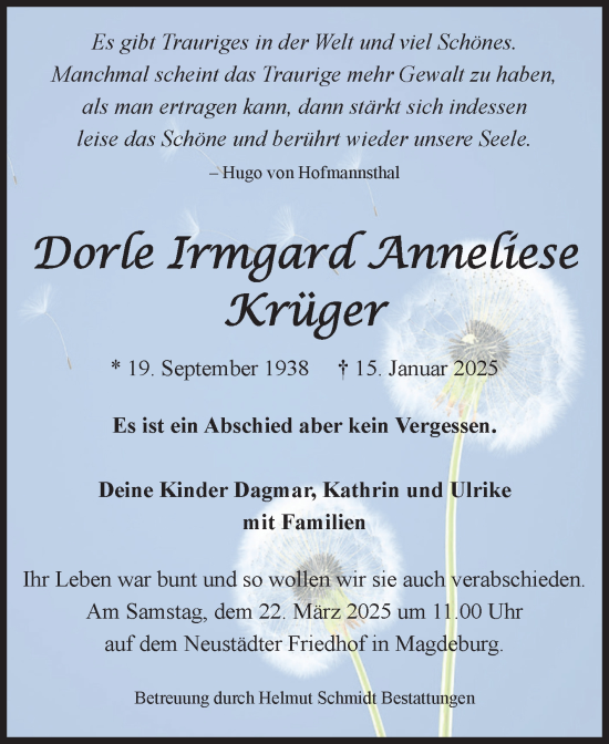 Traueranzeige von Dorle Irmgard Anneliese Krüger von Volksstimme Magdeburg