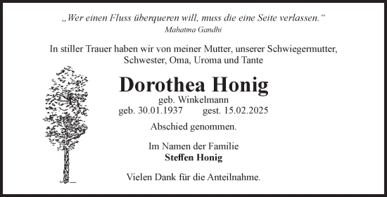 Traueranzeige von Dorothea Honig von Volksstimme Magdeburg