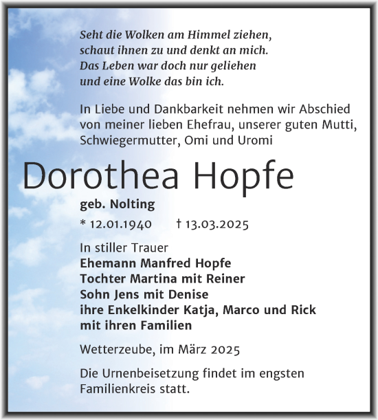 Traueranzeige von Dorothea Hopfe von Trauerkombi Zeitz