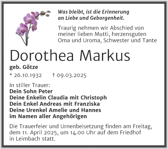 Traueranzeige von Dorothea Markus von Trauerkombi Mansfelder Land