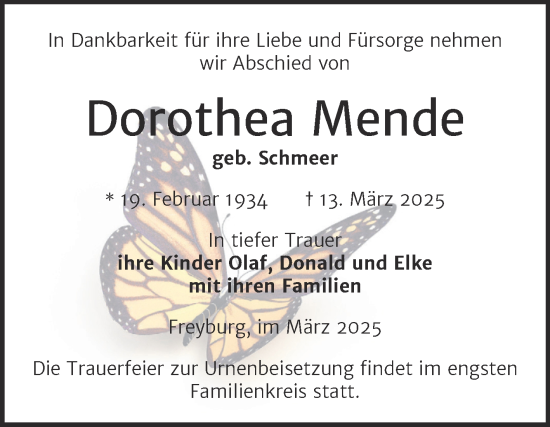 Traueranzeige von Dorothea Mende von Naumburger Tageblatt