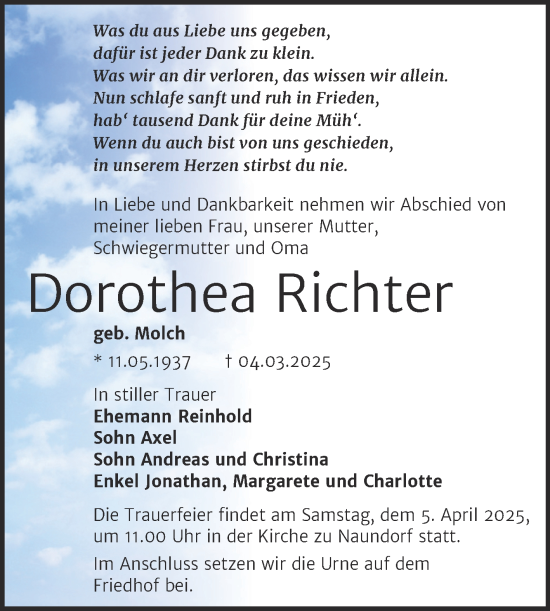 Traueranzeige von Dorothea Richter von Trauerkombi Wittenberg