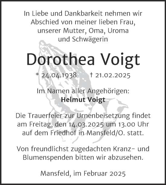 Traueranzeige von Dorothea Voigt von Trauerkombi Mansfelder Land
