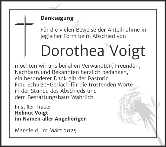 Traueranzeige von Dorothea Voigt von Trauerkombi Mansfelder Land