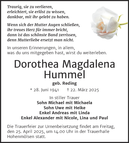 Traueranzeige von Dorothea Magdalena Hummel von Trauerkombi Weißenfels