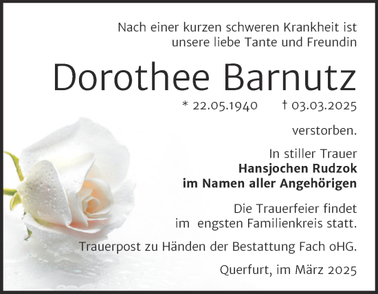 Traueranzeige von Dorothee Barnutz von Trauerkombi Merseburg