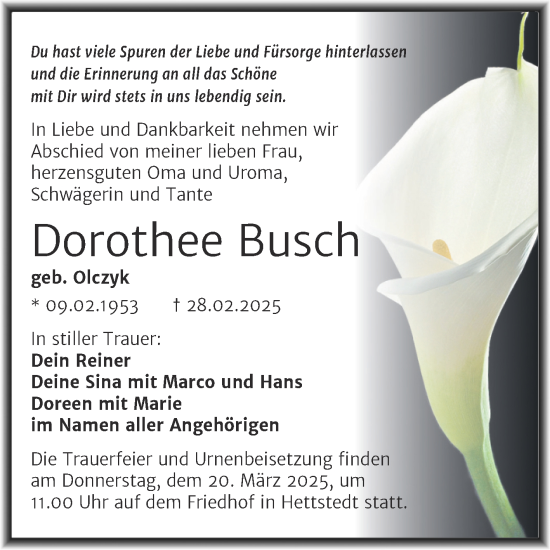 Traueranzeige von Dorothee Busch von Trauerkombi Mansfelder Land