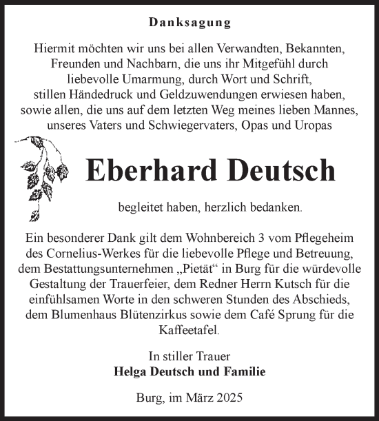 Traueranzeige von Eberhard Deutsch von Volksstimme Burg/Genthin